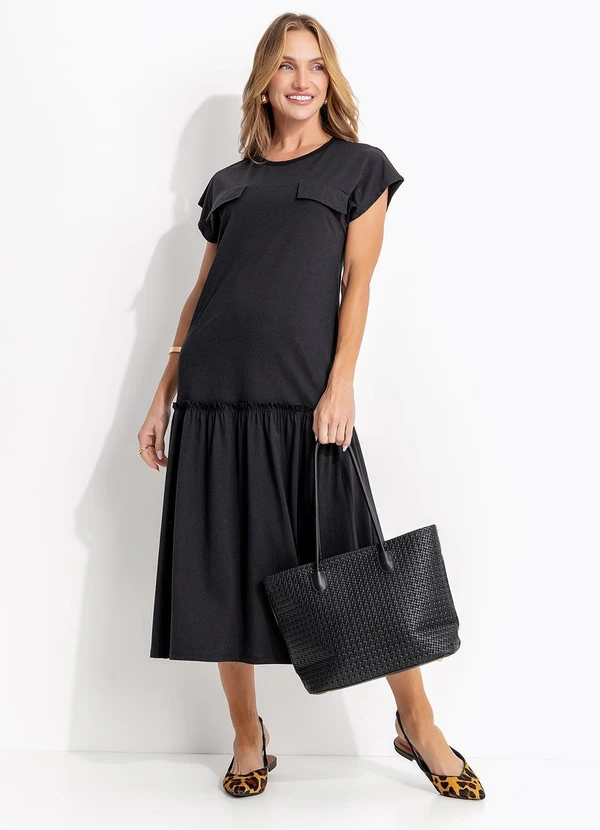 Quintess - Vestido Preto em Malha de Algodão Penteado 9