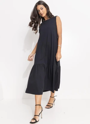 Quintess - Vestido Preto em Malha de Algodão Penteado - QUINTESS