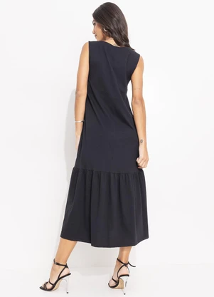 Quintess - Vestido Preto em Malha de Algodão Penteado - QUINTESS