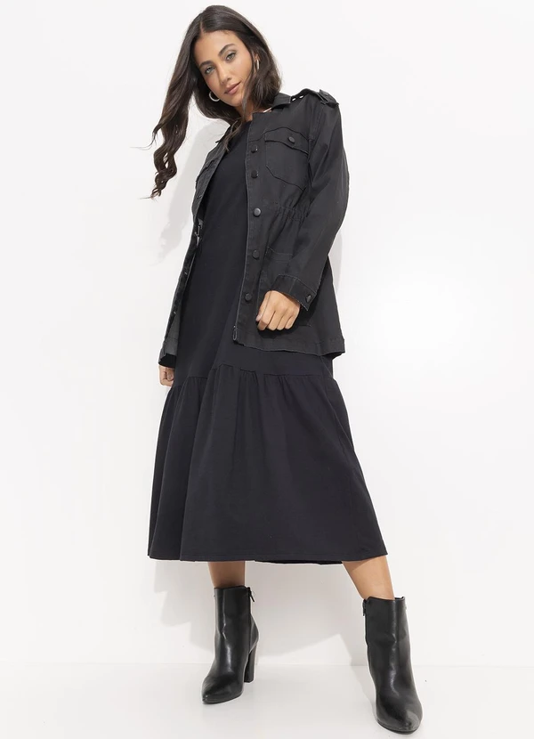 Quintess - Vestido Preto em Malha de Algodão Penteado 4