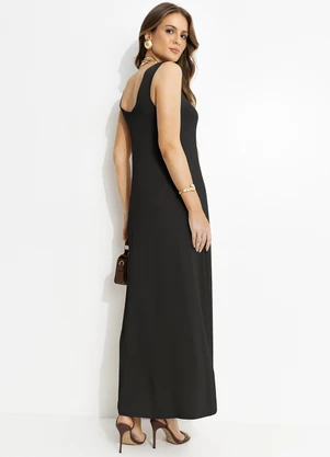 Quintess - Vestido Longo Preto em Malha de Viscose com Bolsos Laterais - QUINTESS