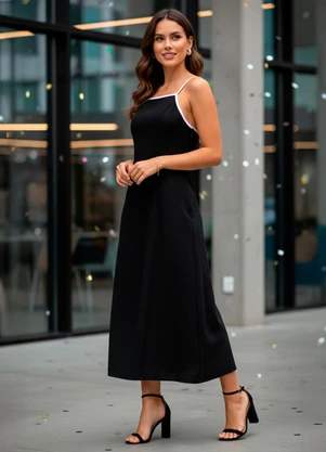 Quintess - Vestido Preto em Tecido Alfaiataria de Viscose - QUINTESS