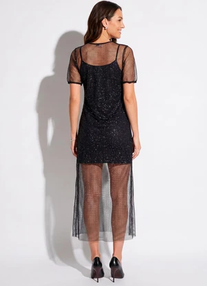Quintess - Vestido Preto em Tela com Mangas Curtas - QUINTESS