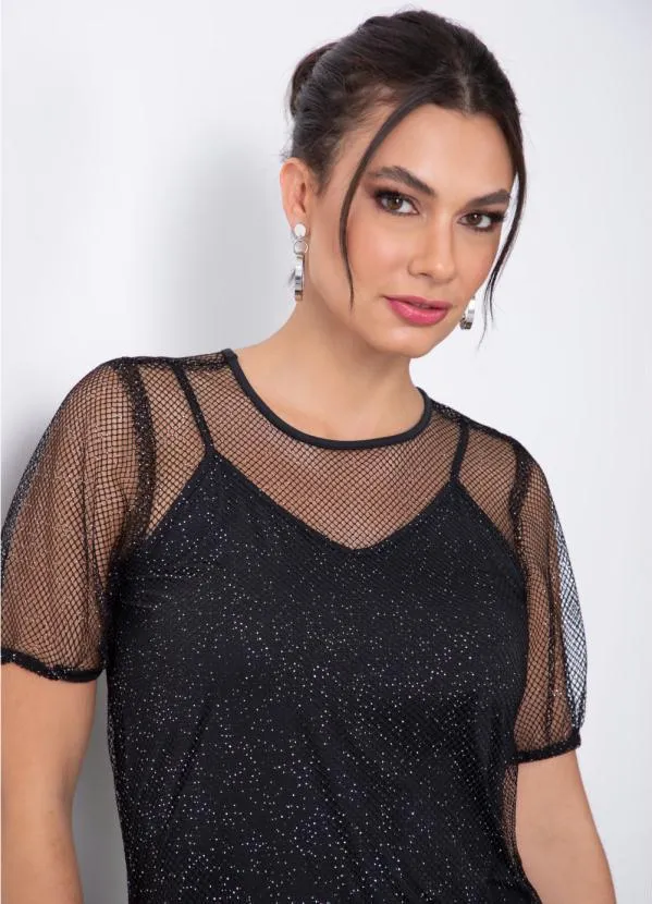 Quintess - Vestido Preto em Tela com Mangas Curtas 3