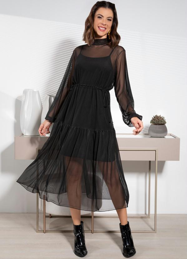 Quintess - Vestido Preto em Tule com Ajuste na Cintura 6