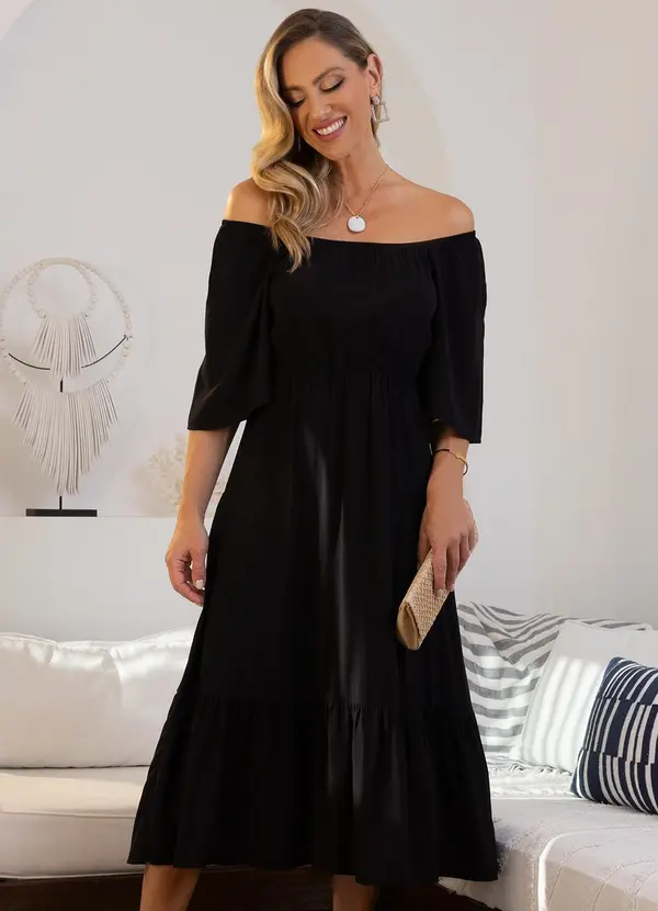 Quintess - Vestido Preto em Viscose Plana