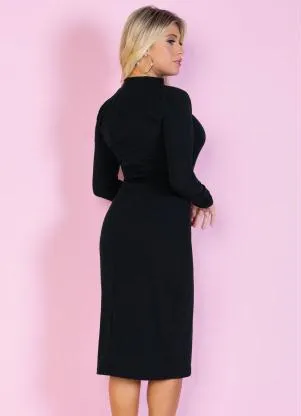 Moda Pop - Vestido Preto Manga Longa com Zíper no Decote - MODA POP