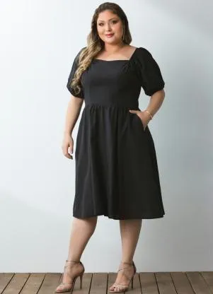 Quintess - Vestido Preto Mangas Bufantes com Bolsos - QUINTESS