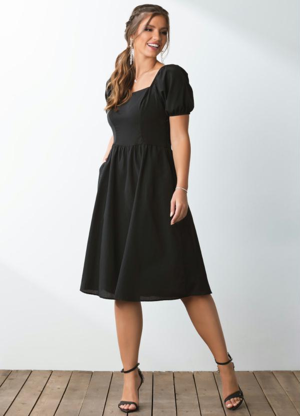 Quintess - Vestido Preto Mangas Bufantes com Bolsos 3