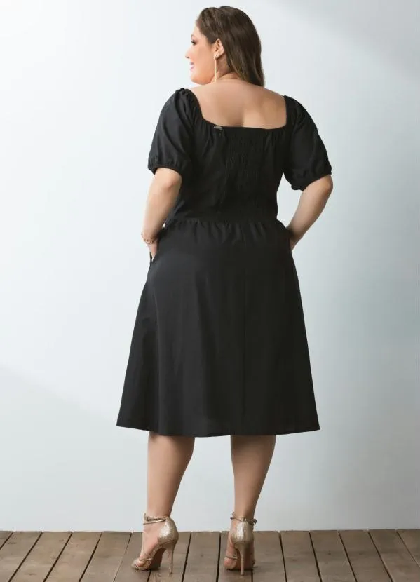 Quintess - Vestido Preto Mangas Bufantes com Bolsos
