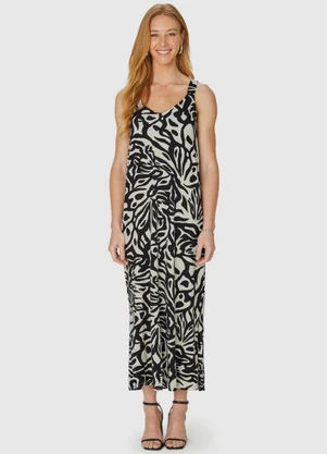 Malwee - Vestido Preto Midi Abstrato - MALWEE