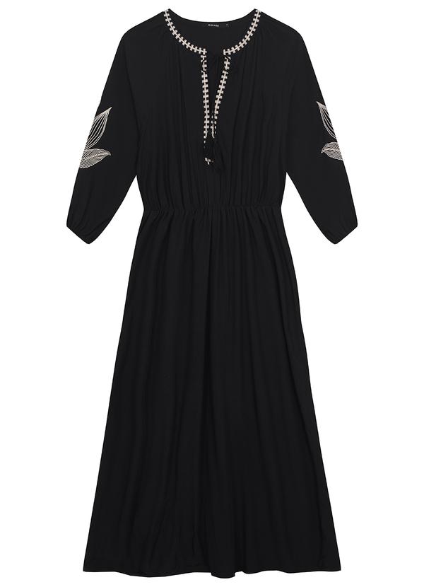 Malwee - Vestido Preto Mídi Amplo com Bordado