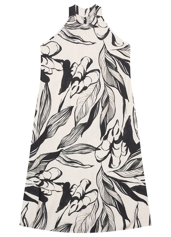 Malwee - Vestido Preto Midi Amplo Folhagem