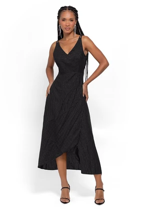 Enfim - Vestido Preto Mídi Assimétrico com Lurex - ENFIM