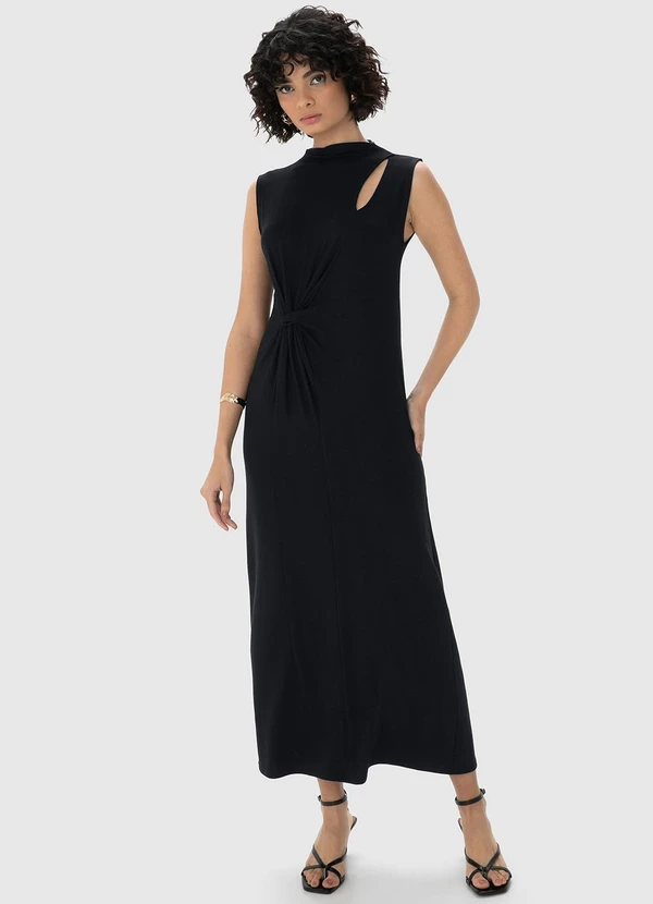 Enfim - Vestido Preto Midi com Torção
