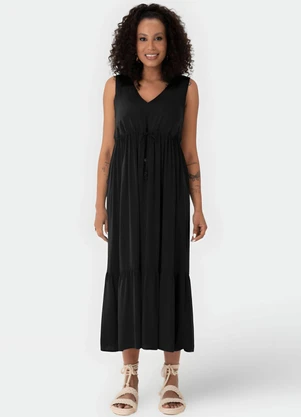 Malwee - Vestido Preto Midi Evasê Acinturado - MALWEE