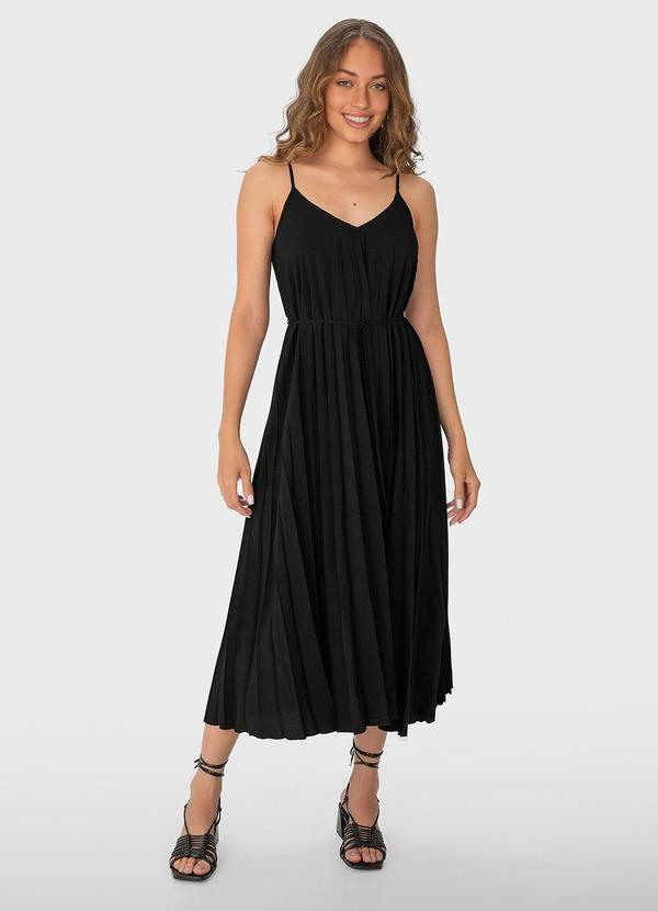 Malwee - Vestido Preto Midi Evasê Plissado