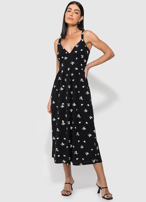 Enfim - Vestido Preto Mídi Floral