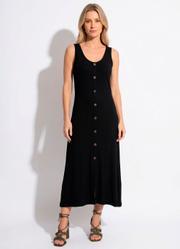 Vestido Preto Midi sem Mangas com Bot�es