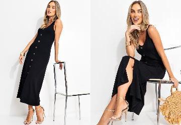 Vestido Preto Midi sem Mangas com Botes