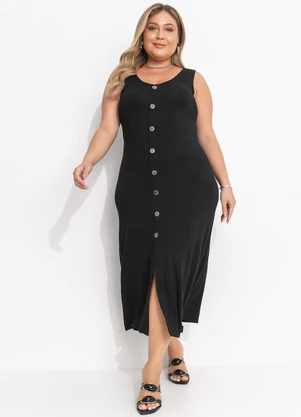 Quintess - Vestido Preto Midi sem Mangas com Botões - QUINTESS