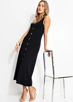 Quintess - Vestido Preto Midi sem Mangas com Botões - QUINTESS