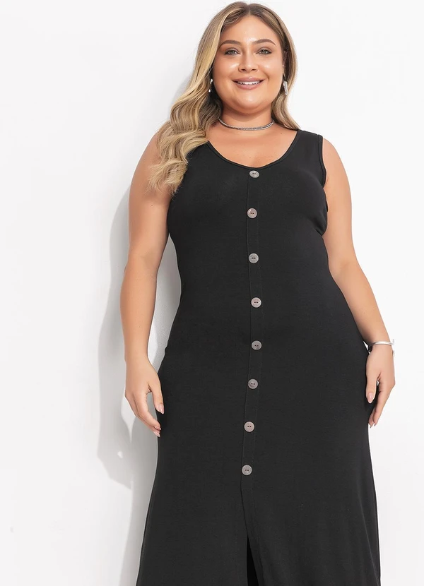 Quintess - Vestido Preto Midi sem Mangas com Botões 10