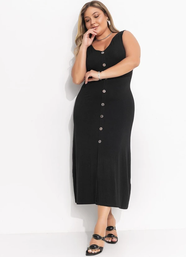 Quintess - Vestido Preto Midi sem Mangas com Botões 11