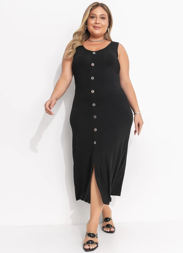Quintess - Vestido Preto Midi sem Mangas com Botões 4