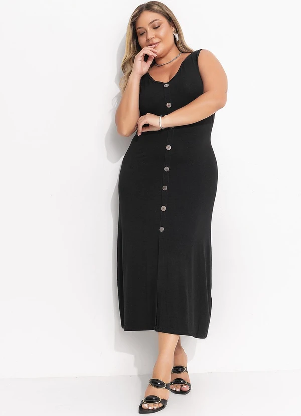 Quintess - Vestido Preto Midi sem Mangas com Botões 7