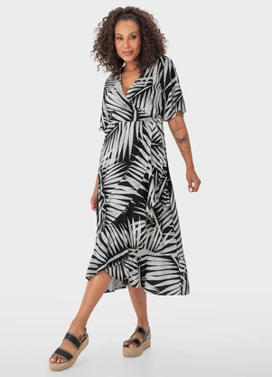 Malwee - Vestido Preto Mídi Transpassado em Viscolinho - MALWEE