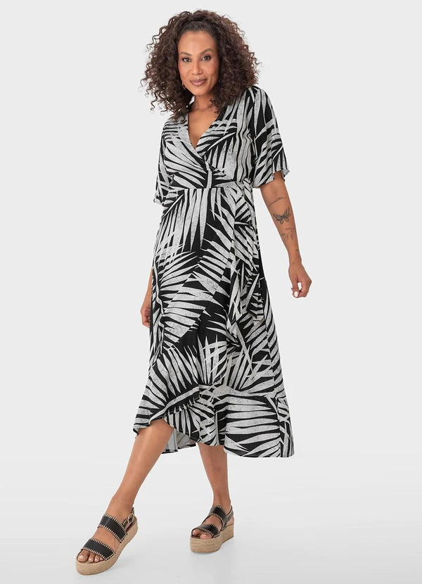 Malwee - Vestido Preto Mídi Transpassado em Viscolinho