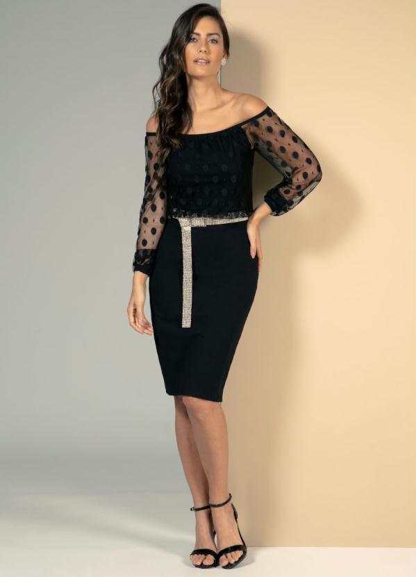 Quintess - Vestido Preto Ombro a Ombro com Transparência 3