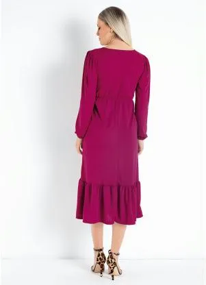 Moda Pop - Vestido Púrpura com Franzido e Mangas Longas - MODA POP