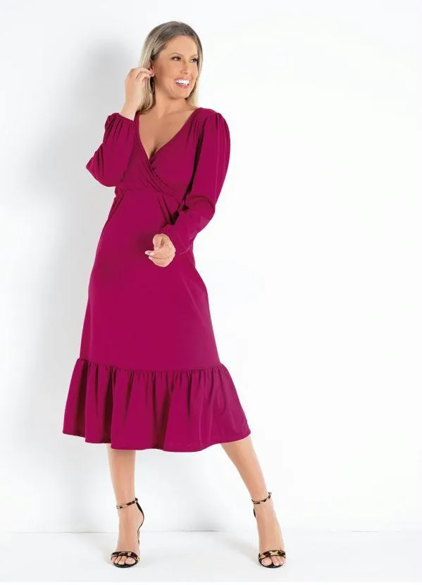 Moda Pop - Vestido Púrpura com Franzido e Mangas Longas 4