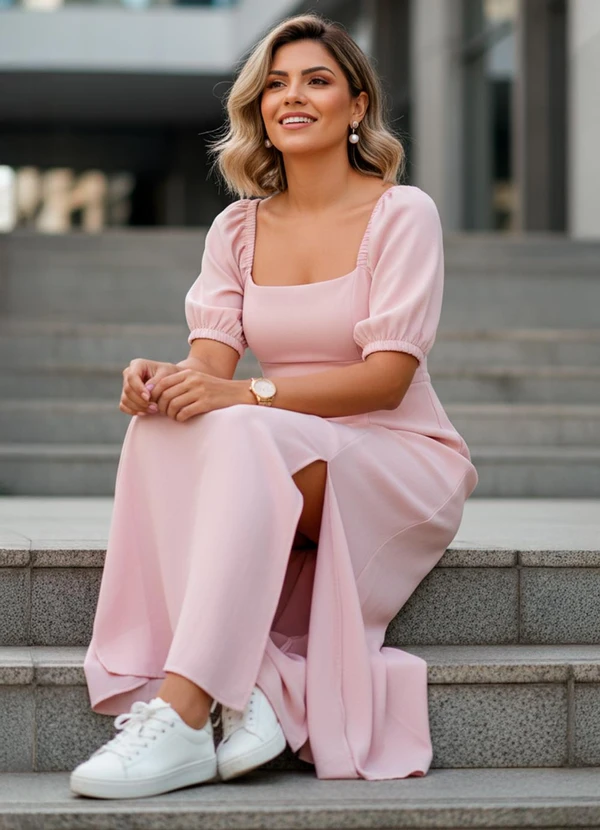 Quintess - Vestido Rosa em Viscose Plana Sarjada 3