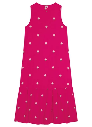 Malwee - Vestido Rosa Escuro Mídi Bordado Floral - MALWEE