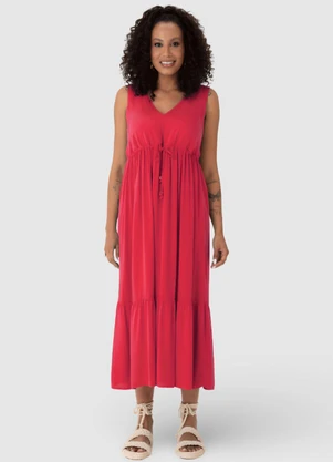 Malwee - Vestido Rosa Escuro Midi Evasê Acinturado - MALWEE