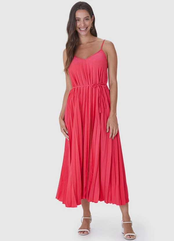 Malwee - Vestido Rosa Escuro Midi Evasê Plissado