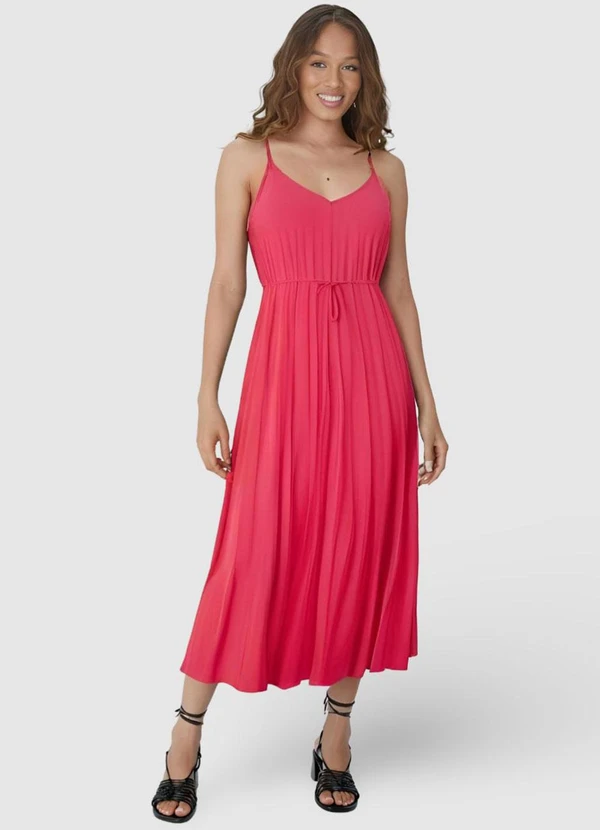 Malwee - Vestido Rosa Escuro Midi Evasê Plissado 4