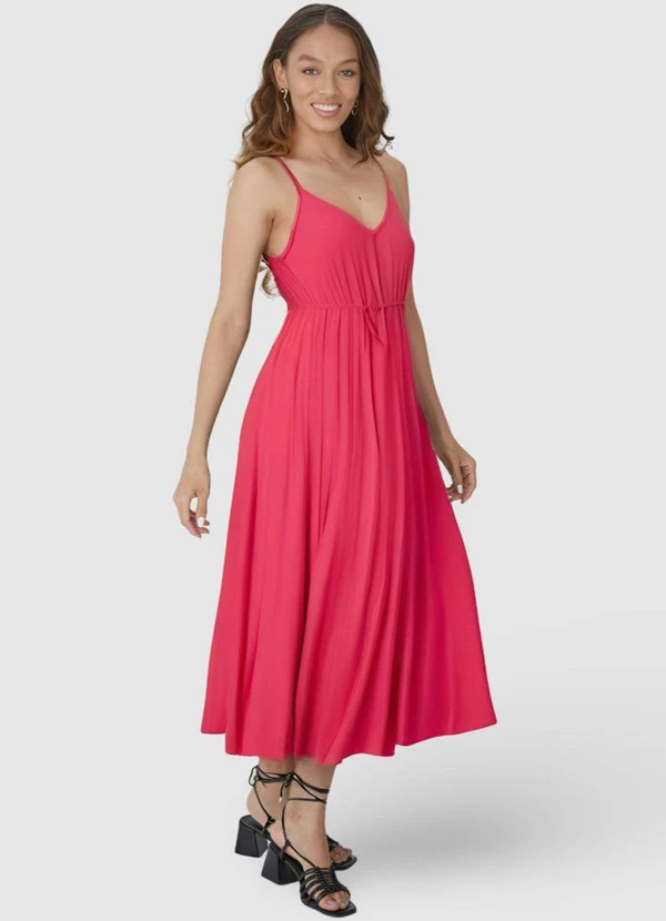 Malwee - Vestido Rosa Escuro Midi Evasê Plissado 5