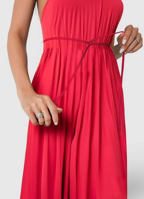 Malwee - Vestido Rosa Escuro Midi Evasê Plissado 6