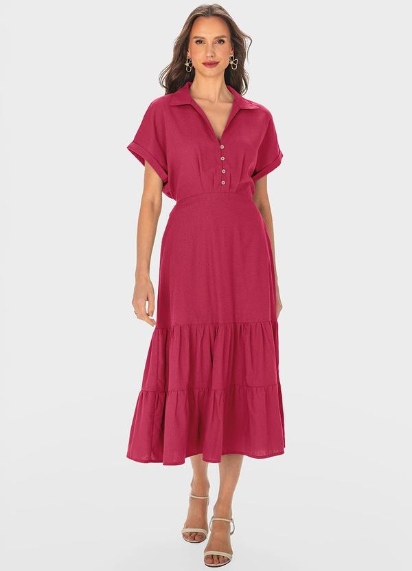 Malwee - Vestido Rosa Escuro Midi Marias em Viscolinho