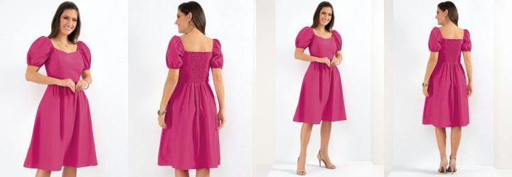 Vestido Rosa Mangas Bufantes com Bolsos