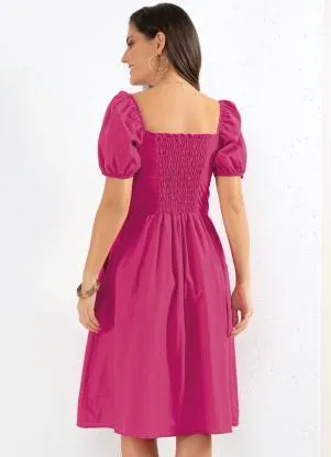 Quintess - Vestido Rosa Mangas Bufantes com Bolsos - QUINTESS
