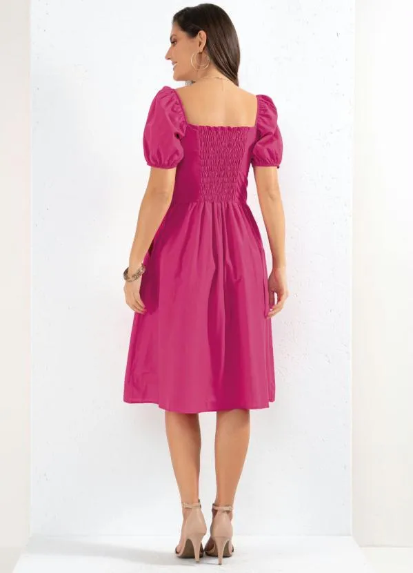 Quintess - Vestido Rosa Mangas Bufantes com Bolsos 4