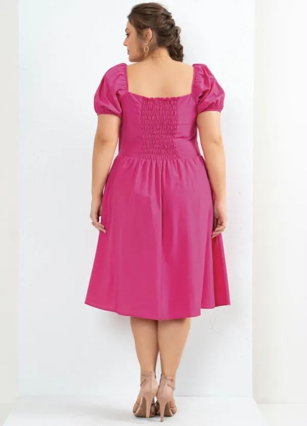 Quintess - Vestido Rosa Mangas Bufantes com Bolsos