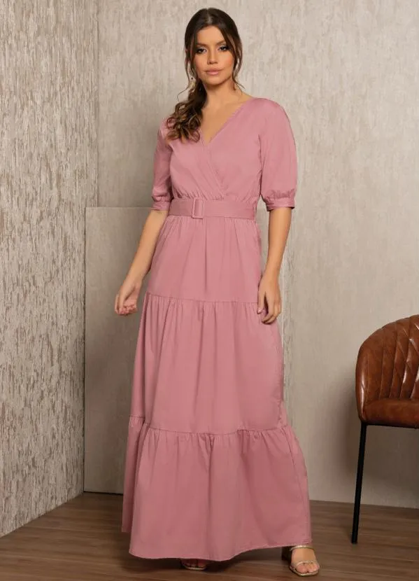 Quintess - Vestido Rose em Camadas com Cinto