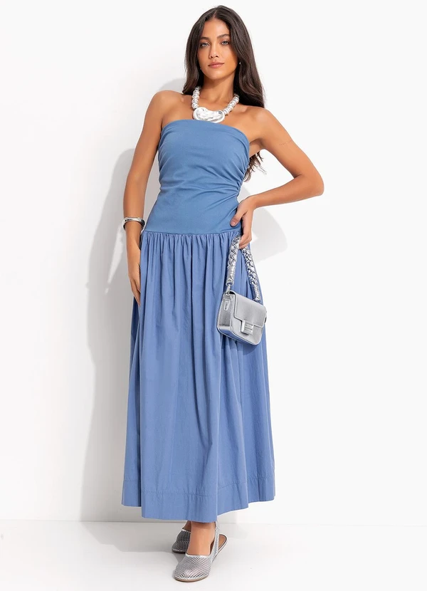 Farm - Vestido Saia Franzido Azul 3