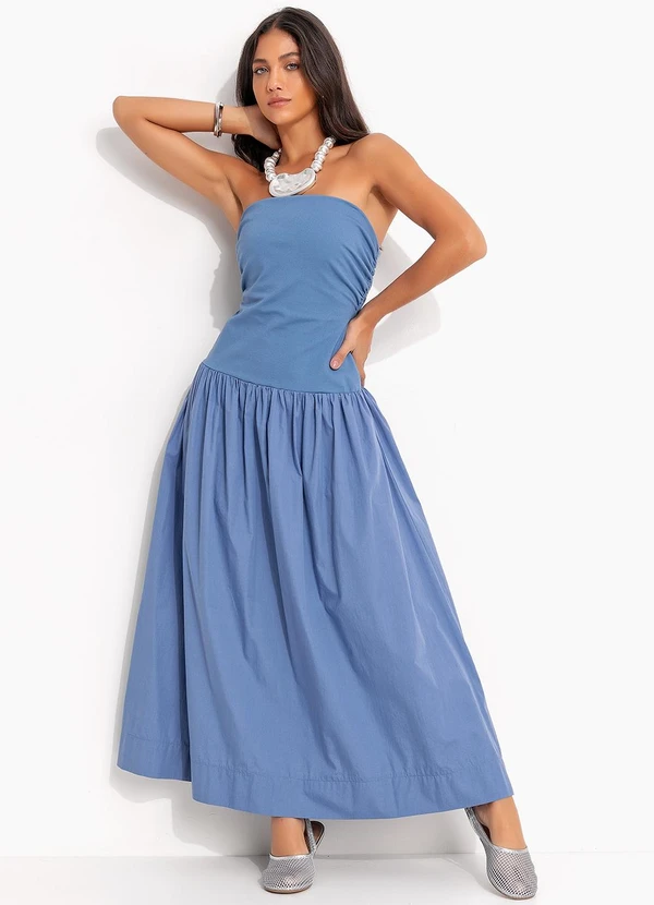 Farm - Vestido Saia Franzido Azul 4